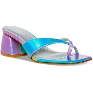 NIB iridescent turquoise lilac toe thong sandals 7.5 2.5” heels MADDEN GIRL